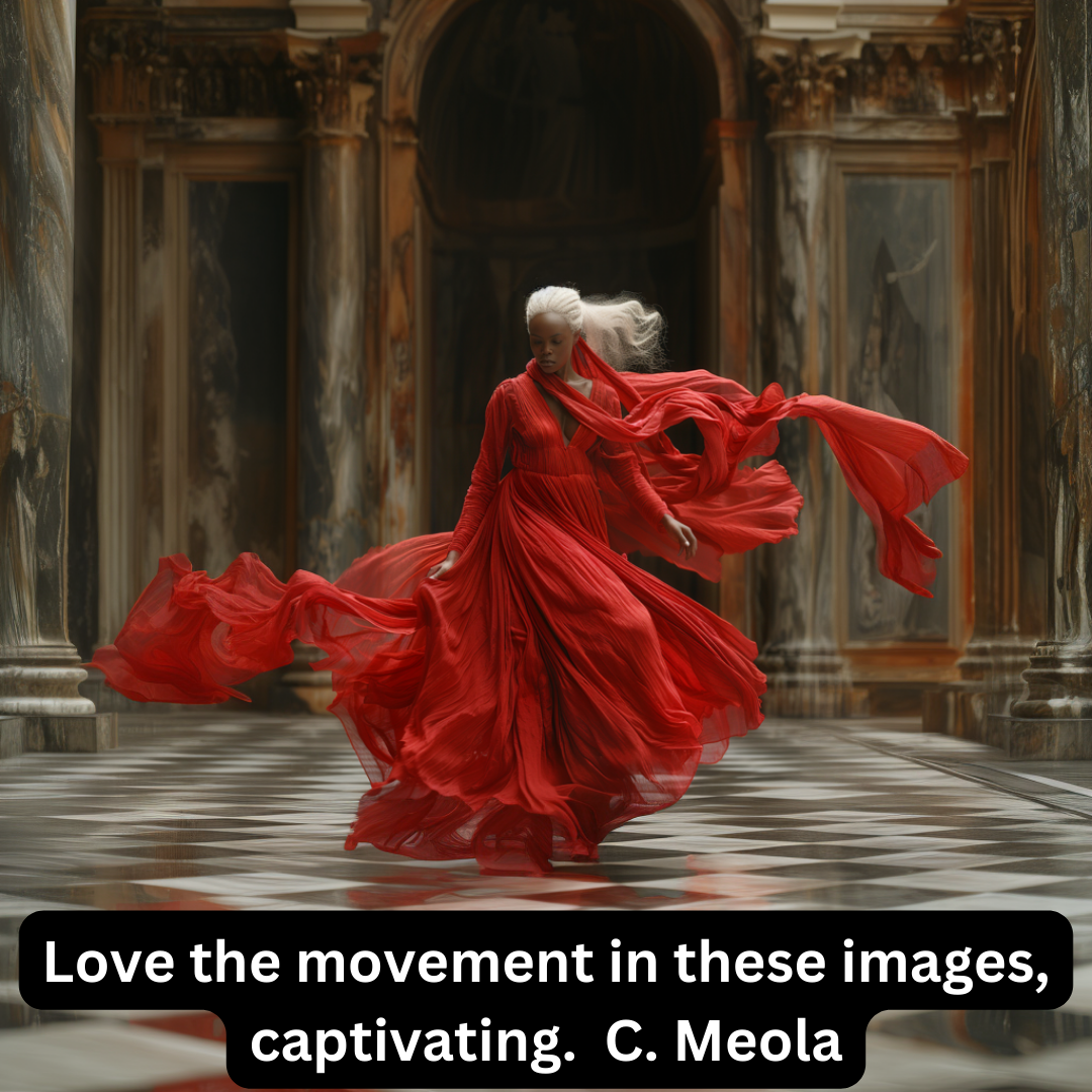 Women in red flowing garments dancing in an ornate hallway